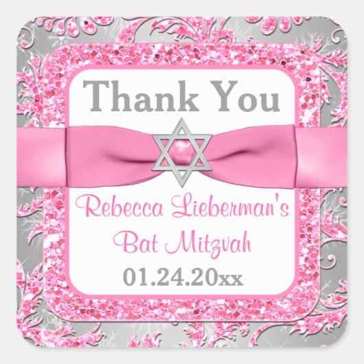 PRINTED Bow - Winter Wonderland Damask Bat Mitzvah Quadratischer Aufkleber (Vorderseite)