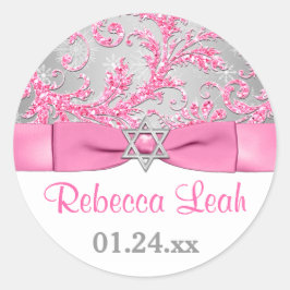 PRINTED Bow - Winter Wonderland Damask Bat Mitzvah Runder Aufkleber