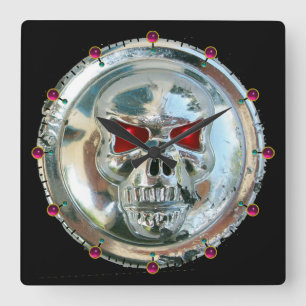 PRINTED CHROME SKULL Red Ruby Gems Quadratische Wanduhr