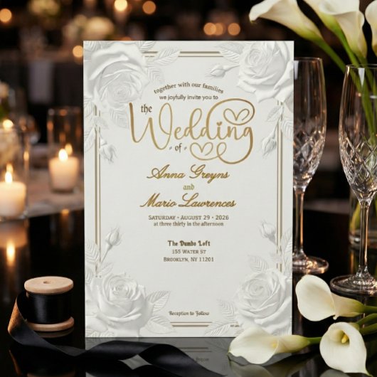 Printed Embossed White Rose Faux Gold Wedding Einladung
