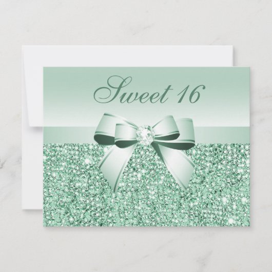Printed Mint Green Sequins, Bow & Diamond Sweet 16 Einladung (Vorderseite)