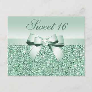 Printed Mint Green Sequins, Bow & Diamond Sweet 16 Einladung