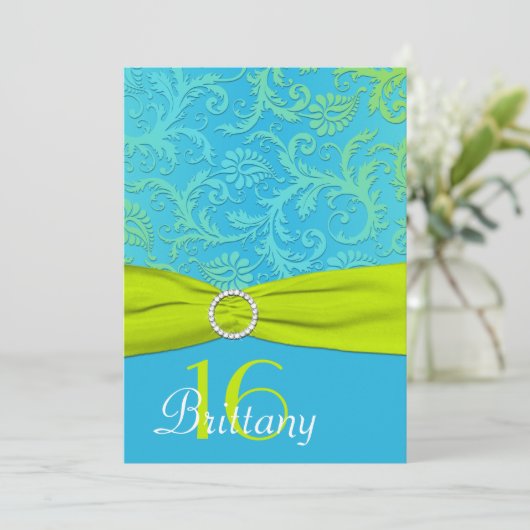 PRINTED RIBBON Aqua, Limon Sweet 16 Einladung (Stehend Vorderseite)