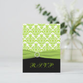 PRINTED RIBBON Black, Green Damask Repcard RSVP Karte (Stehend Vorderseite)