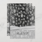 PRINTED RIBBON Black, Silver Snowflakes Repcard RSVP Karte (Vorne/Hinten)