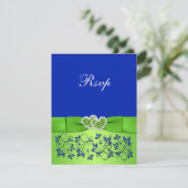 PRINTED RIBBON Blue Green Floral Hearts Repcard RSVP Karte (Stehend Vorderseite)