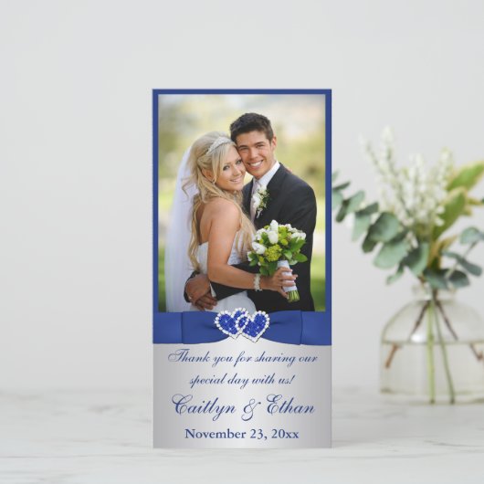 PRINTED RIBBON Blue, Silver Wedding Foto Card Dankeskarte (Stehend Vorderseite)
