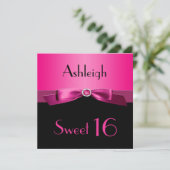 PRINTED RIBBON Hot Pink, Schwarzer Sweet 16 Einlad Einladung (Stehend Vorderseite)