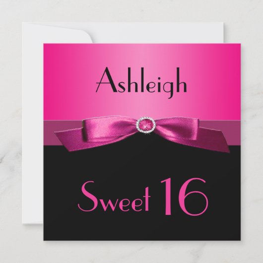 PRINTED RIBBON Hot Pink, Schwarzer Sweet 16 Einlad Einladung (Vorderseite)