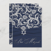 PRINTED RIBBON Navy, Silver Damask Bat Mitzvah Einladung (Vorne/Hinten)