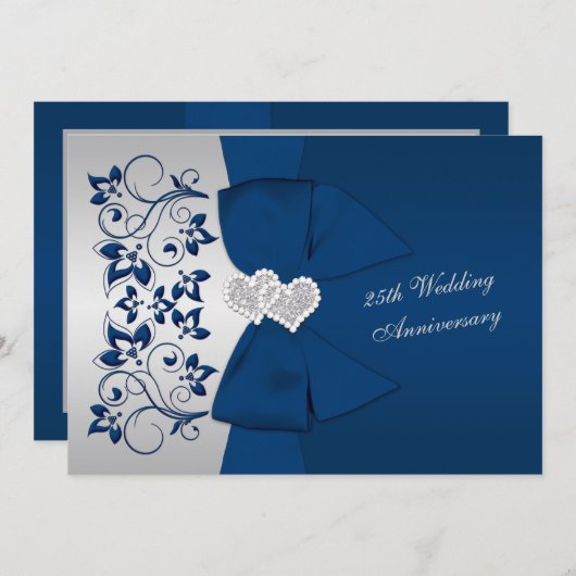 PRINTED RIBBON Navy Silver Floral 25 Jahre Jubiläu Einladung (Vorne/Hinten)