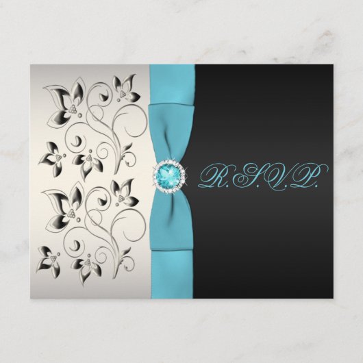 PRINTED RIBBON Silver Aqua Black Floral Repcard RSVP Karte (Vorderseite)