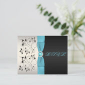 PRINTED RIBBON Silver Aqua Black Floral Repcard RSVP Karte (Stehend Vorderseite)
