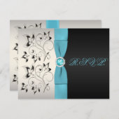 PRINTED RIBBON Silver Aqua Black Floral Repcard RSVP Karte (Vorne/Hinten)