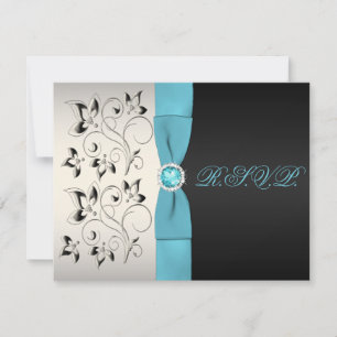 PRINTED RIBBON Silver Aqua Black Floral Repcard RSVP Karte