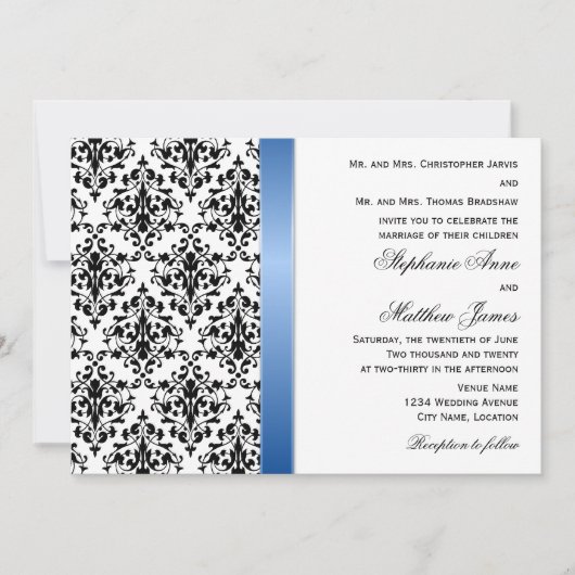 Printed Royal Blue Ribbon and Damask Wedding Einladung (Vorderseite)