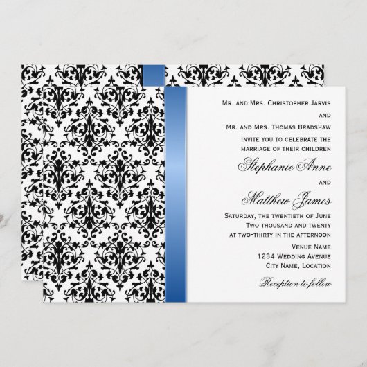 Printed Royal Blue Ribbon and Damask Wedding Einladung (Vorne/Hinten)