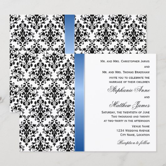 Printed Royal Blue Ribbon and Damask Wedding Einladung (Vorne/Hinten)