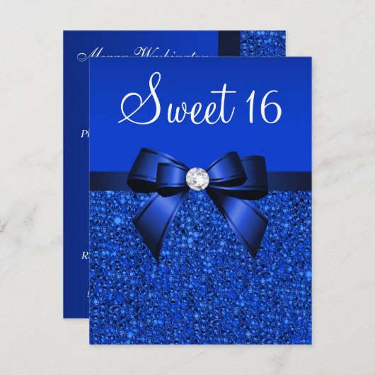 Printed Royal Blue Sequins, Bow & Diamond Sweet 16 Einladung (Vorne/Hinten)