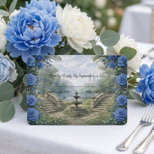 Printed Watercolor Castle Garden Fountain RSVP Karte