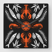 Prints von Meeresfrüchten Art Deco Quadratische Wanduhr (Vorderseite)