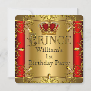 Prinz 1. Geburtstag Junge Rot Gold Krone 2 Einladung