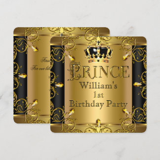 Prinz 1. Geburtstagsjunge schwarze Goldkrone 2 Einladung