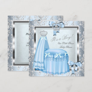 Prinz Baby Shower Baby Junge Blau Damast Krone 4F Einladung