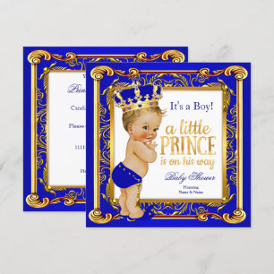 Prinz Baby Shower Damast Blau Gold Blond Junge Einladung