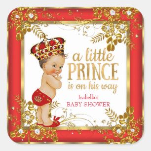 Prinz Baby Shower Junge Rot Gold Weiß Brünett Quadratischer Aufkleber