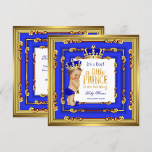 Prinz Baby Shower Royal Blau Gold Rahmen Brünette Einladung