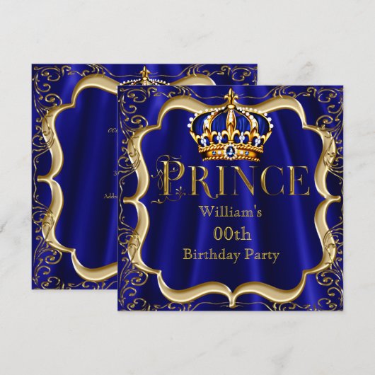 Prinz Birthday Royal Blue Gold Crown Mens 2 Einladung (Vorne/Hinten)