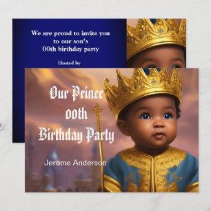 Prinz Junge Geburtstag Blau Gold Afroamerikanisch  Einladung