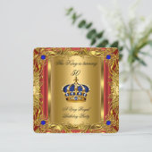 Prinz oder King Red Gold Royal Blue Crown Geburtst Einladung (Stehend Vorderseite)