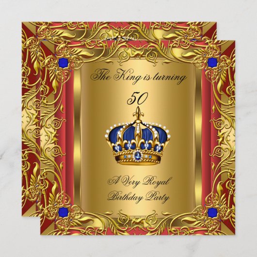 Prinz oder King Red Gold Royal Blue Crown Geburtst Einladung (Vorne/Hinten)