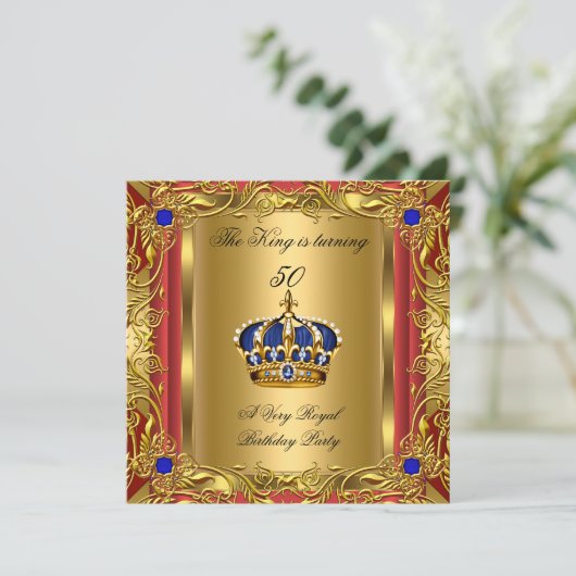 Prinz oder King Red Gold Royal Blue Crown Geburtst Einladung (Stehend Vorderseite)