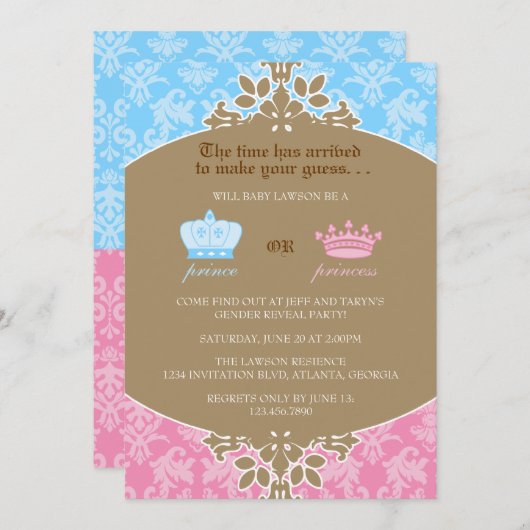 Prinz oder Prinzessin Damask Gender Reveal Party Einladung (Vorne/Hinten)