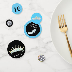 Prinzessin 16. Geburtstag auf Türkisblau & Schwarz Konfetti