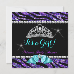 Prinzessin Baby Shower Glitter Lila Türkis Zebra Einladung