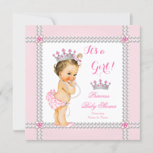 Prinzessin Baby Shower Mädchen Rosa Perlen Brünett Einladung