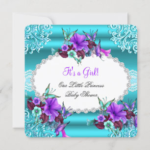 Prinzessin Baby Shower Mädchen Teal Blau Lila Blum Einladung