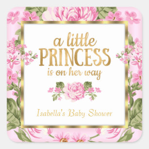 Prinzessin Baby Shower Pink Gold Rose Blume Aufkle Quadratischer Aufkleber