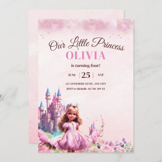 Prinzessin Birthday Einladung Prinzessin Burg Magi (Vorne/Hinten)