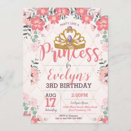 Prinzessin Birthday Invitation - Prinzessin Party Einladung (Vorne/Hinten)