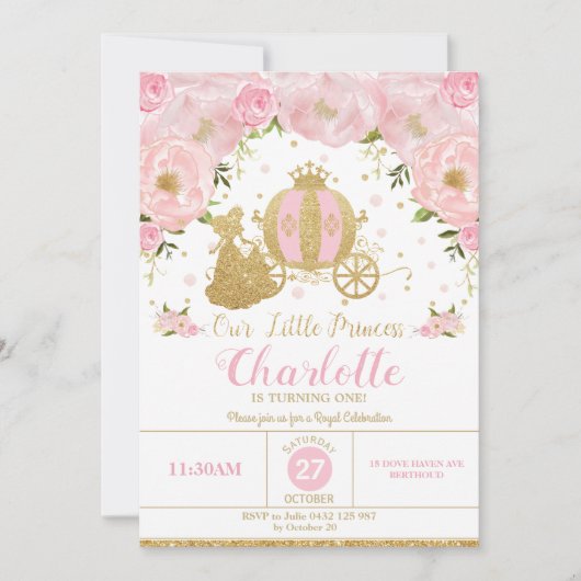 Prinzessin Birthday Party Carriage Pink und Gold Einladung (Vorderseite)