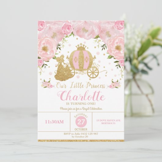 Prinzessin Birthday Party Carriage Pink und Gold Einladung (Stehend Vorderseite)
