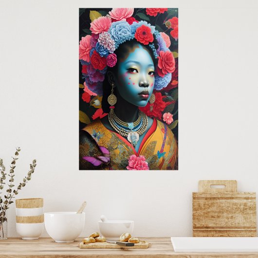 Prinzessin Blauer Gesichter mit Blume im Haar Poster (Küche)