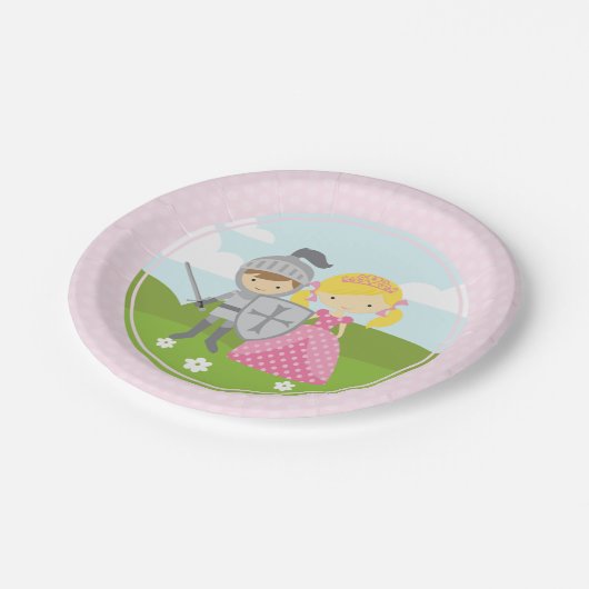 Prinzessin blond und Ritter-Party-Teller Pappteller (Schrägansicht)