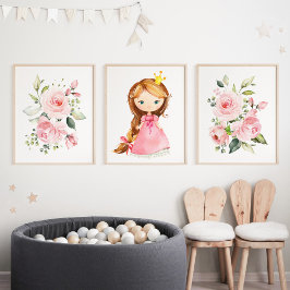 Prinzessin, Braunhaar, rosa Blume, Kinderzimmer de Bilderwand Sets