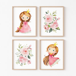 Prinzessin, Braunhaar, rosa Blume, Kinderzimmer de Bilderwand Sets